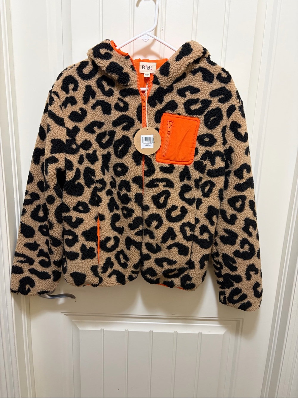 BiBi Leopard Print Sherpa Hoodie Jacket with Orange Trim